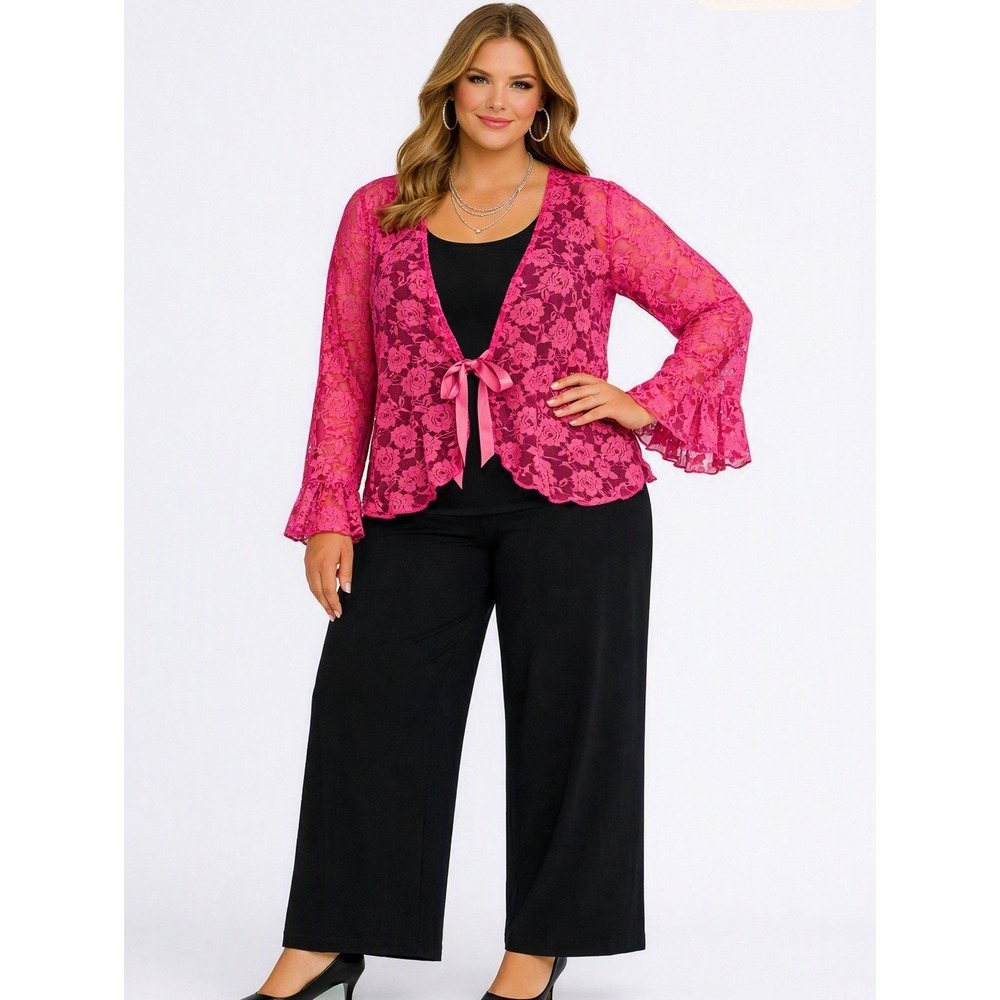 Lace Cardigan Top Women 18/20 Pink Floral Romantic Fairy Fem Ruffle Bell Sleeve